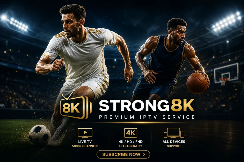 Strong8K IPTV premium sports banner with live TV, 4K streaming, movies, series and multi-device support.